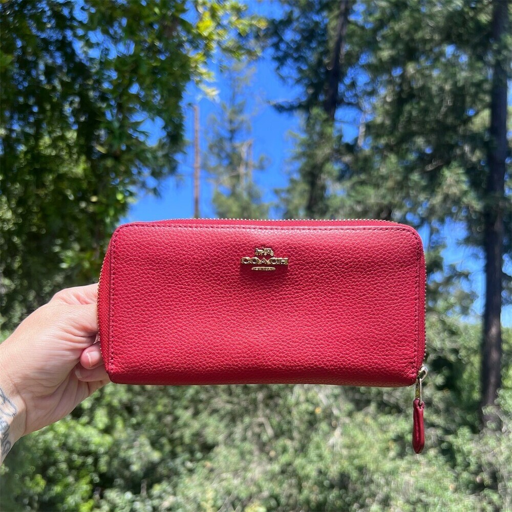 COACH Long Zip-Around Wallet Pebble Leather RED with Gold Hardware AUTHENTIC